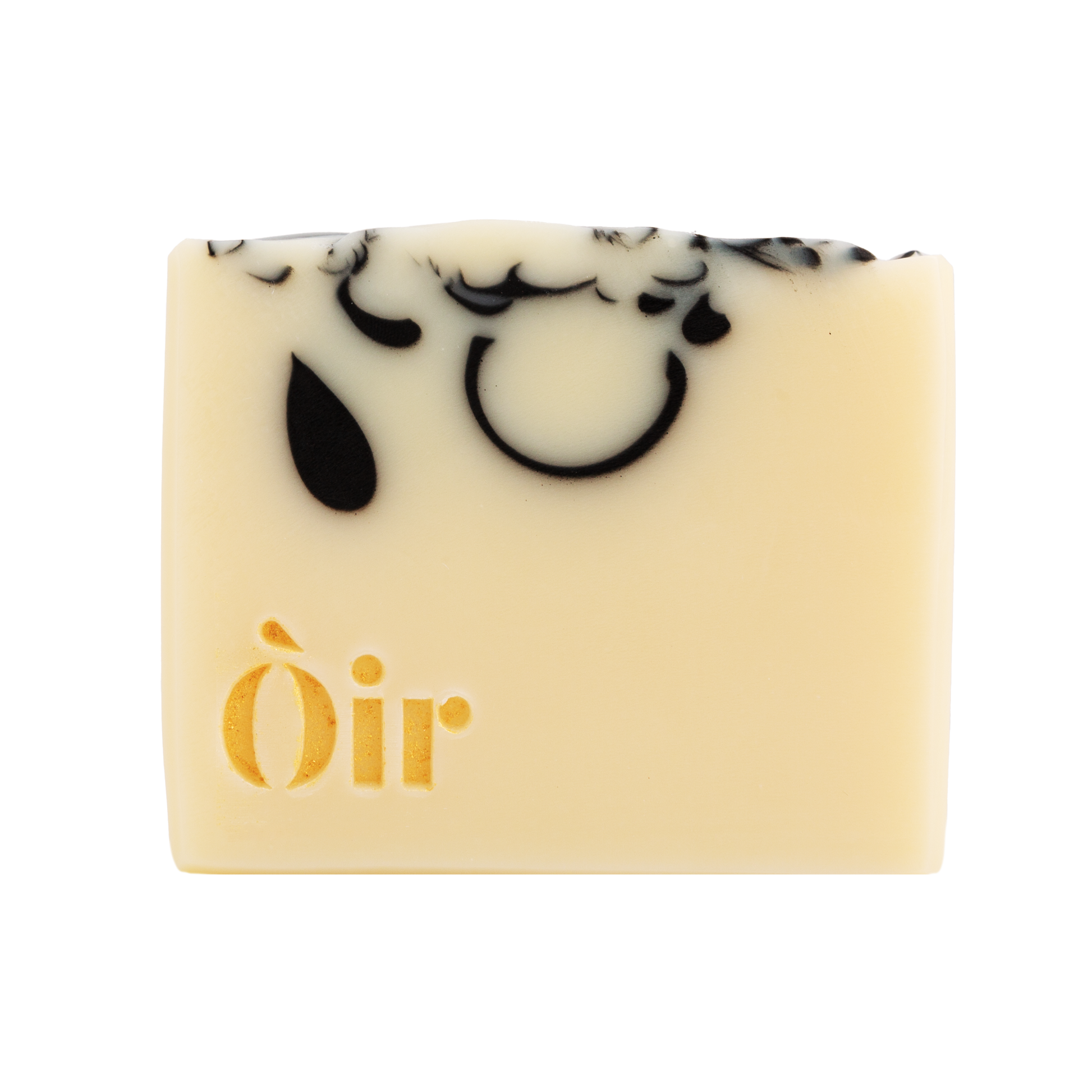 Cedarwood, Clary Sage, Rose Geranium and Vetiver Soap. Handmade in the UK. A sustainable replacement for shower gel. The soap is a cream bar with beautiful, gold lettering with the word OIR| and black swirls in the soap.