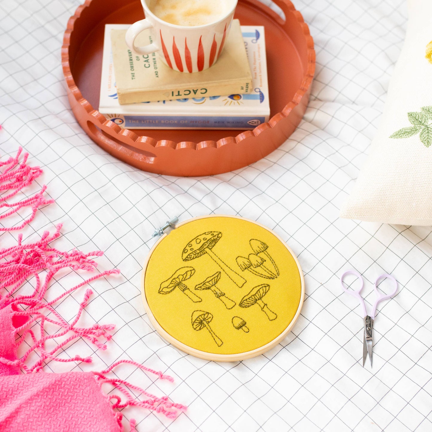 Yellow Fungi Embroidery Hoop Kit Kit by Cotton Clara. Featuring  seven different fungi's in black thread to embroider.