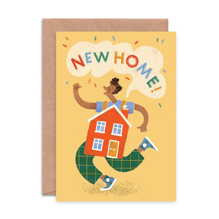 A bright and colourful New Home greeting card with a simple and colourful illustration. Showing a person dancing, wearing a house.