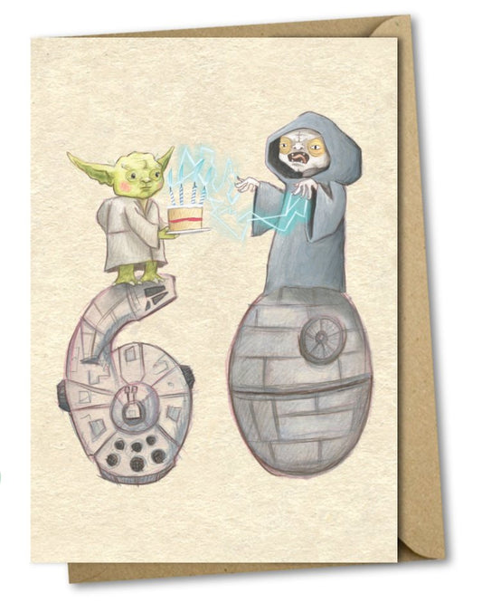 Illustrated card, featuring a cake carrying Yoda and a sparky Emperor Palpatine. 60th birthday card. Sustainably made in the UK