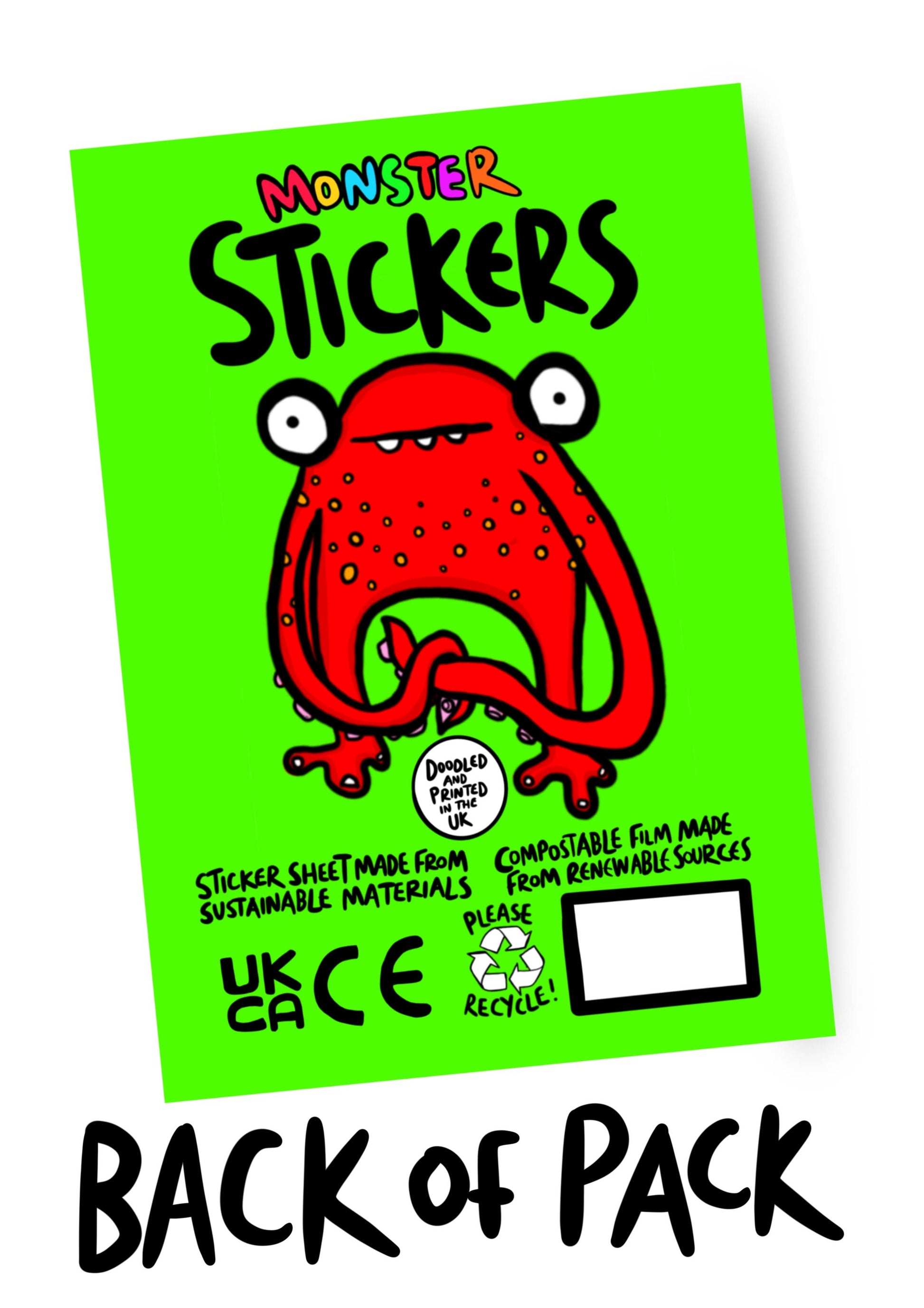 Monster Sticker Sheet! 9 Awesome Monsters in bright colours by Dixon Does Doddles. Showing the back of the pack.