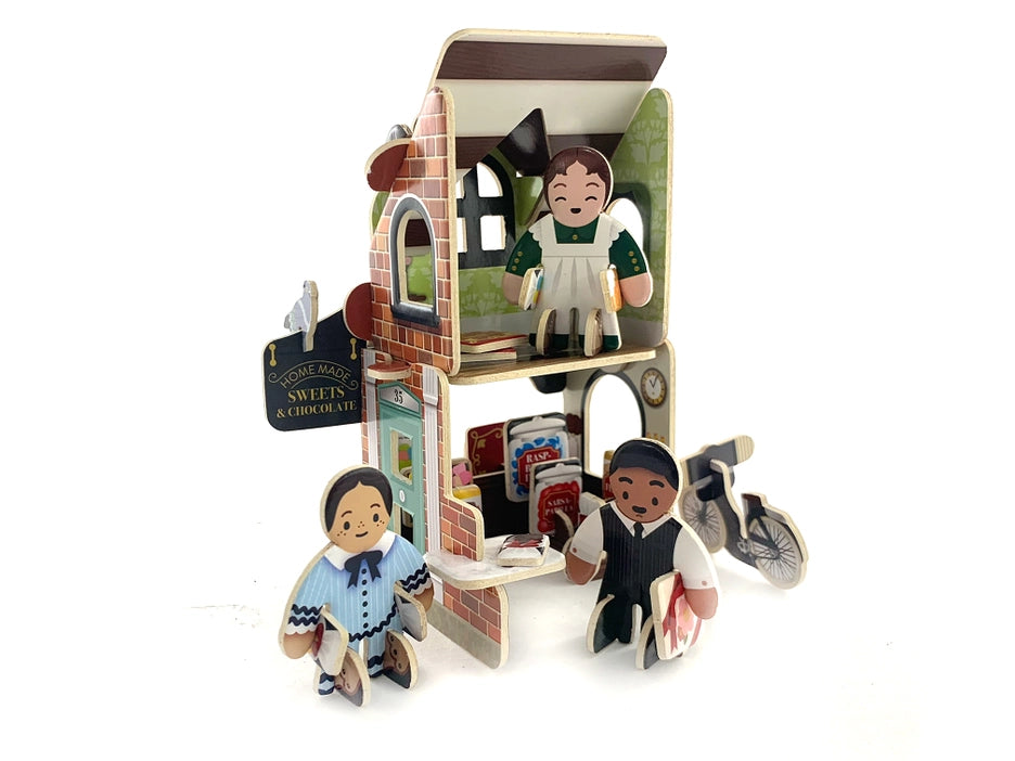 Build and play with this Edwardian inspired Sweet shop. The set contains 3 characters and a whole range of different sweets and chocolates to arrange. Made from our sustainable sourced certified Playboard, this playset is not only environmentally friendly, but also durable and long-lasting.