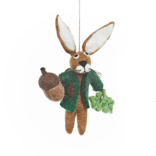 Handmade Felt Cedric the Hare Hanging Woodland Decoration. Carrying an acorn and some leaves. This lovely Hare is wearing a green felt coat.