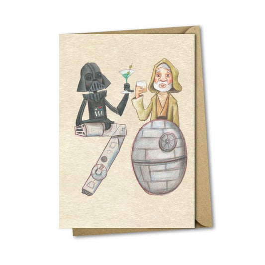 70th birthday Illustrated card, featuring old chums Darth Vadar and Obi Wan Kenobi, putting the galaxy to rights, over a stiff celebratory drink. Sustainably made in the UK