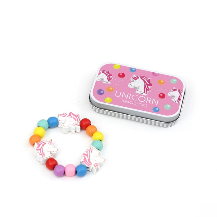 Unicorn Bracelet Craft It. A beautiful gift tin containing elastic and beads to create a unicorn bracelet. The elastic comes with metal ends to aid the beading process for young children. The tin can be used to store the bracelet, or a special trinket.