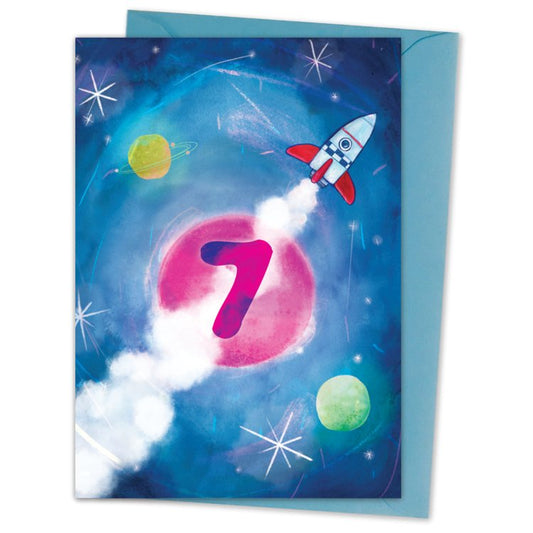 Illustrated 7th birthday card, featuring space rockets, planets and a galaxy of stars.

Greetings card blank inside, card made of FSC approved paper, Callisto Diamond White - 350gsm. Envelope made from 100% recycled paper

Greetings card size A6 when folded,

Printed in the UK

Wrapped in biodegradable sleeve.