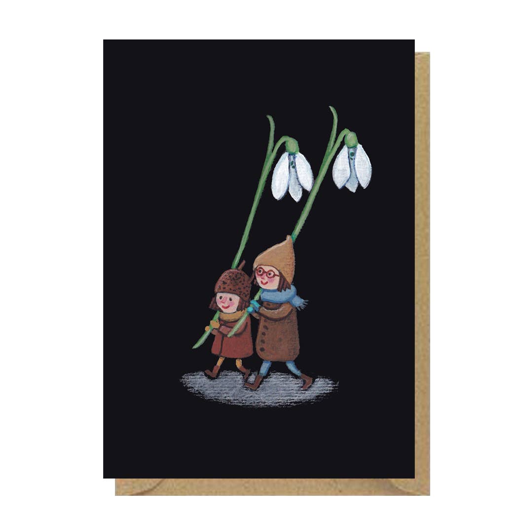 A hand painted illustration of Snowdrops, picked by tiny forest folk, printed onto 100% recycled card. Spring is just around the corner, the Snowdrops in my garden have brightened up my day, and the tiny forest folk featured in this sweet little illustration have been out picking them too.