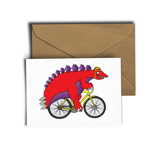 Stegosaurus Cycling Safety First, Always Wear A Helmet! This fabulous red steggy with tiny yellow helmet is in a rush to get to the party! Looking enormous on his yellow bicycle.