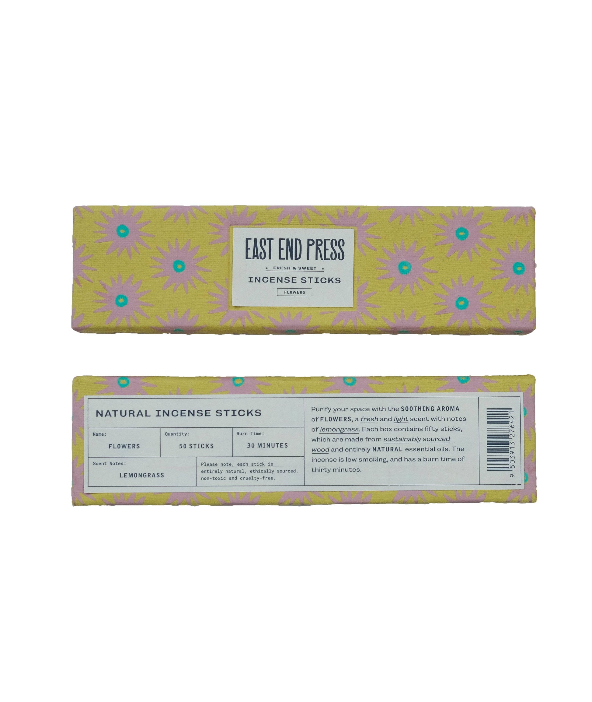 Purify your space with the soothing aroma of Flowers, a fresh and light scent with notes of lemongrass. Each box contains fifty sticks, which are made from sustainably sourced wood and entirely natural essential oils. The incense is low smoking, and has a burn time of thirty minutes.

Includes: 50 natural incense sticks in every pack