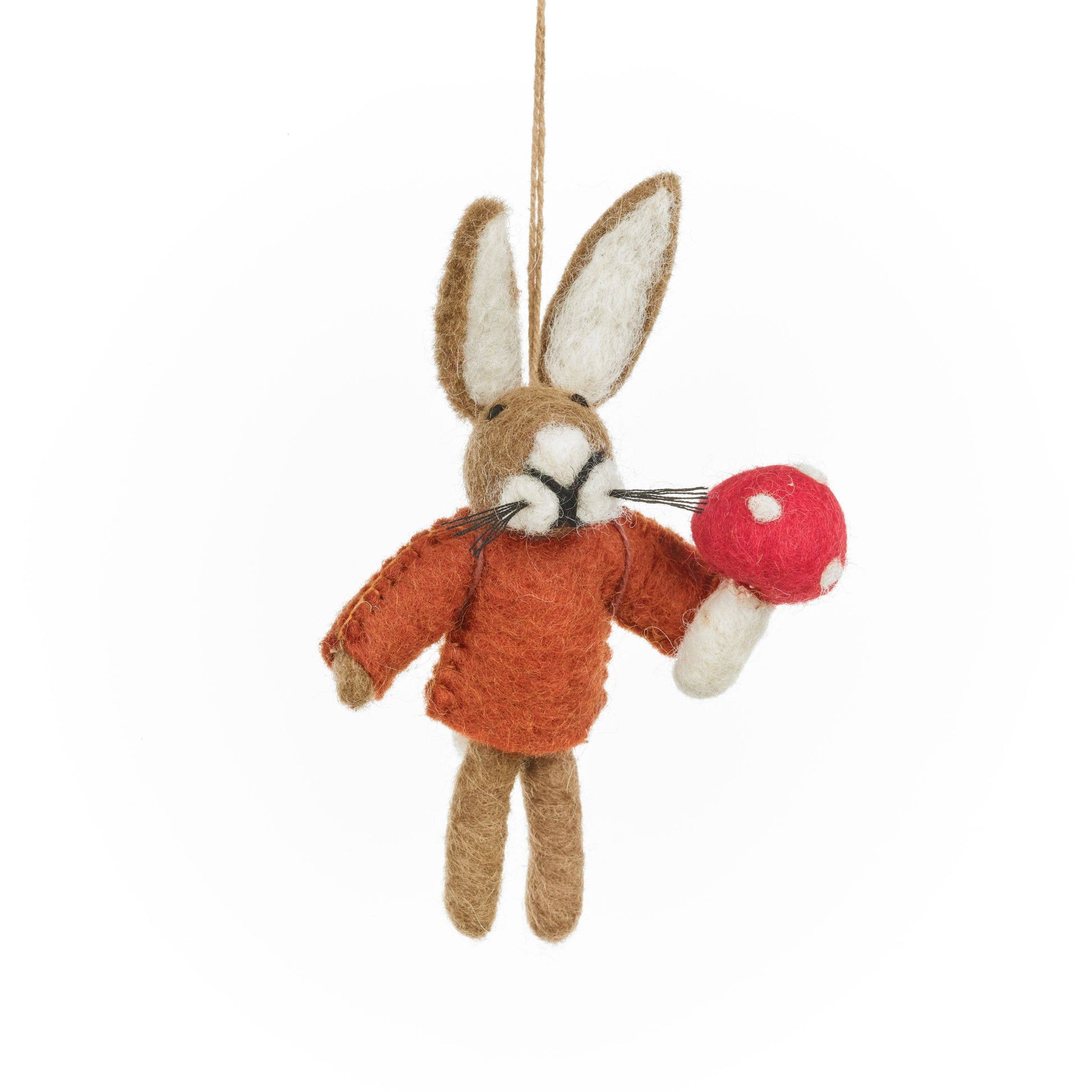 Handmade Felt Autumnal Russell the Hare Hanging Decoration. A hare in a rust coloured jumper, holding a toadstool.