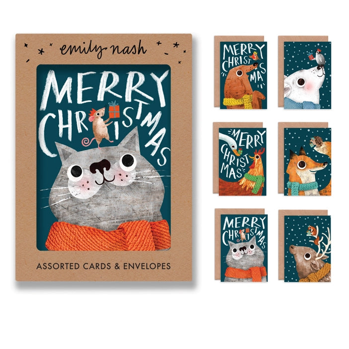 Pack of six Illustrated Christmas greeting cards by Emily Nash Illustration. Get ready for some adorable animal adventures with these holiday cards featuring the best of friends all bundled up in their cosy scarves! With the words Merry Christmas.