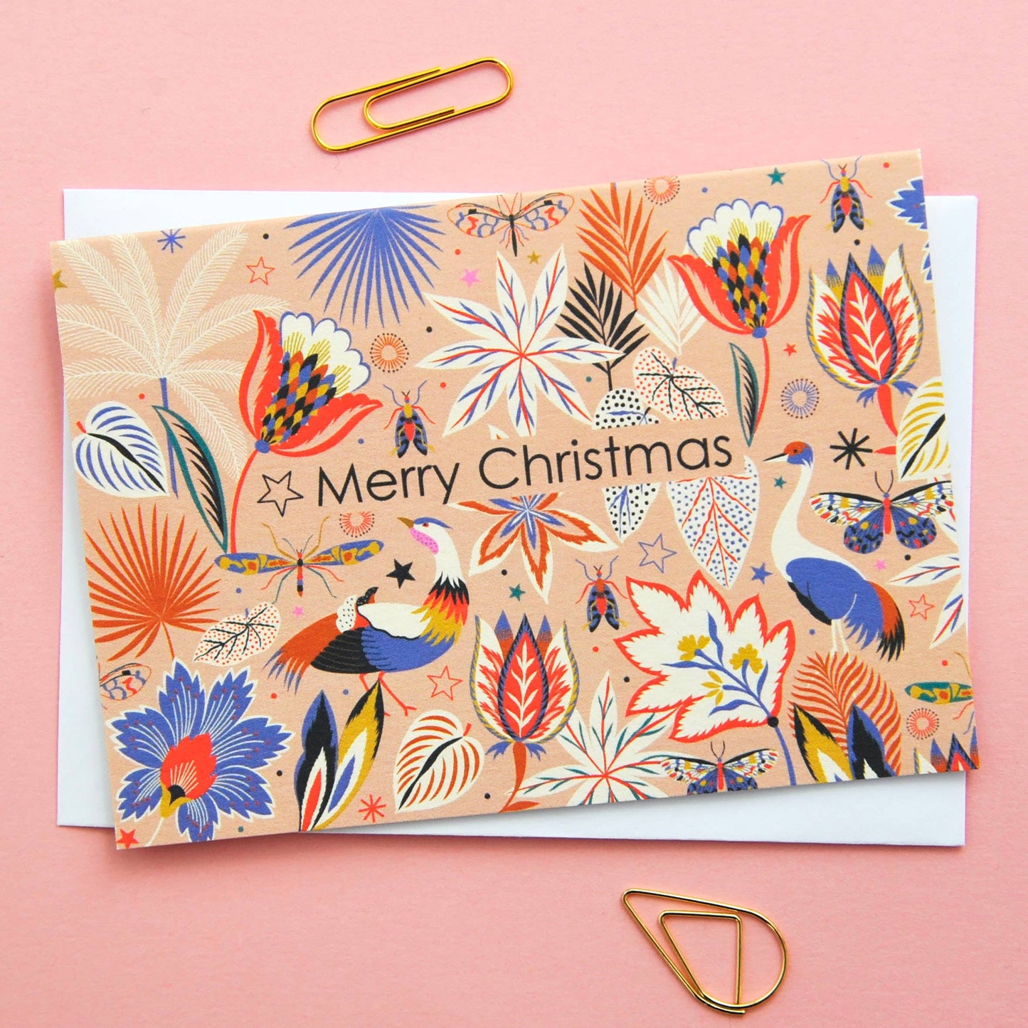 Christmas Holiday Festive Season Notecards. Can be used as small Christmas festive notecards and attached to gifts for the holiday season. Illustrated featuring colourful flora and fauna against a neutral background with the words Merry Christmas.