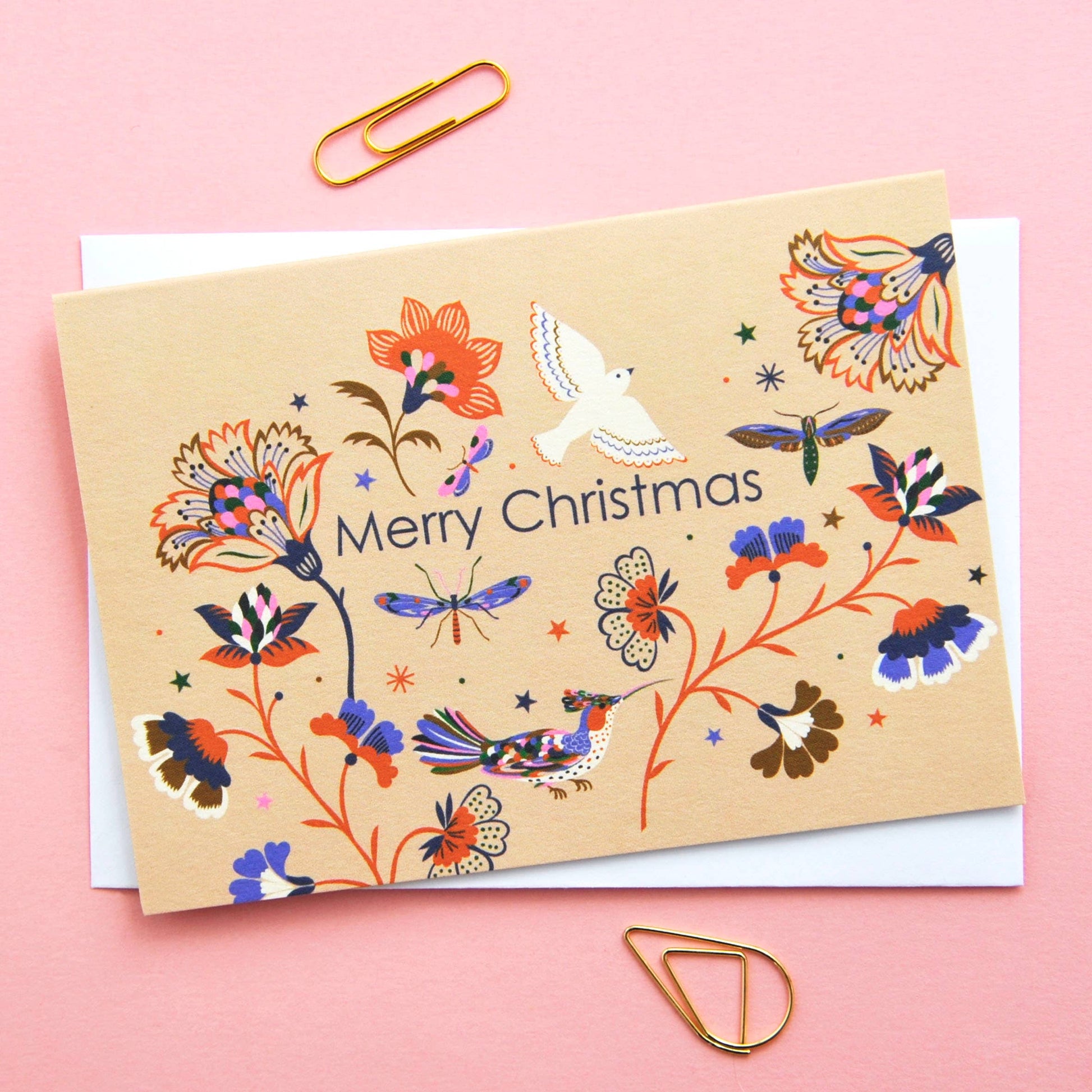 Christmas Holiday Festive Season Notecards. Can be used as small Christmas festive notecards and attached to gifts for the holiday season. Illustrated featuring colourful flora and fauna against a neutral background with the words Merry Christmas.