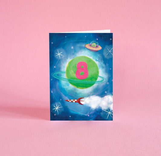 Illustrated 8th birthday card, featuring space rockets, planets and a galaxy of stars.

Greetings card blank inside, card made of FSC approved paper, Callisto Diamond White - 350gsm. Envelope made from 100% recycled paper

Greetings card size A6 when folded,

Printed in the UK

Wrapped in biodegradable sleeve.