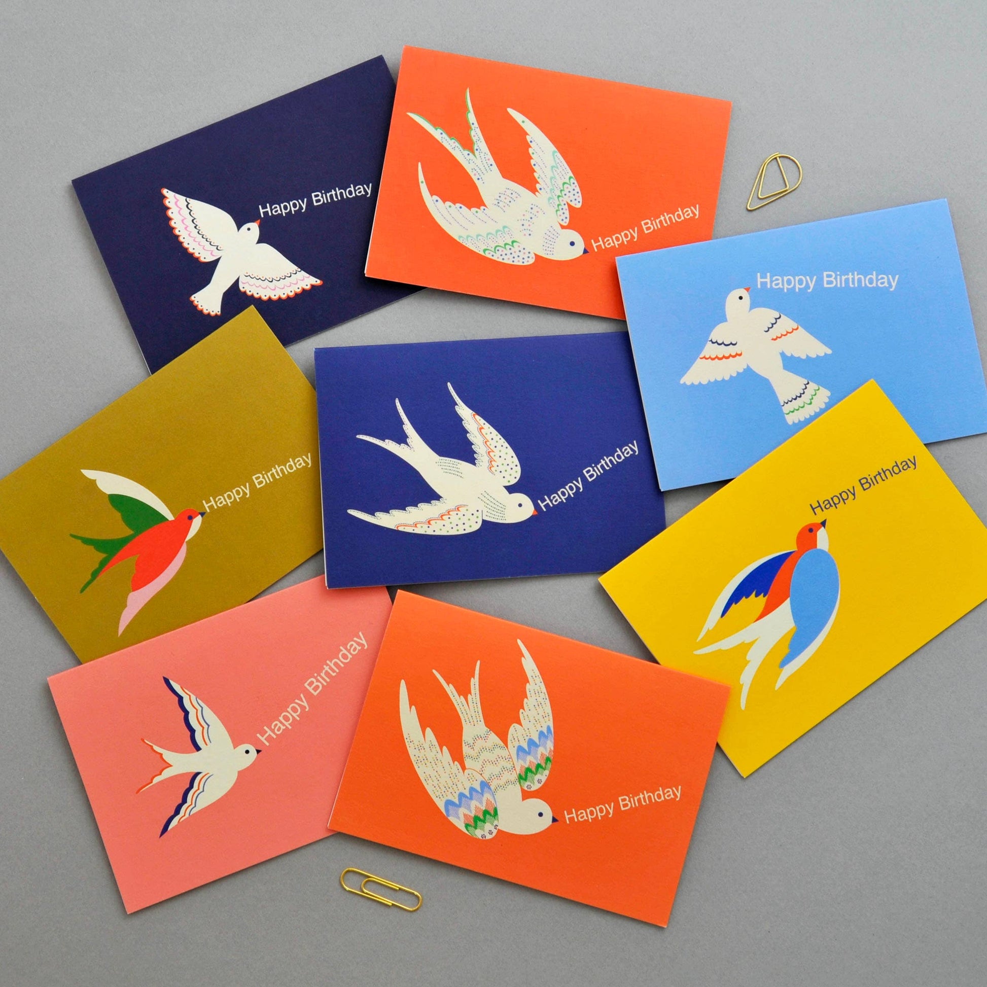 Colourful Happy Birthday Bird notecard gift set. Perfect size to attach to gifts or can be sent as a card. Pack of 8 notecards. 8 designs, 1 of each bird design in the pack of 8.