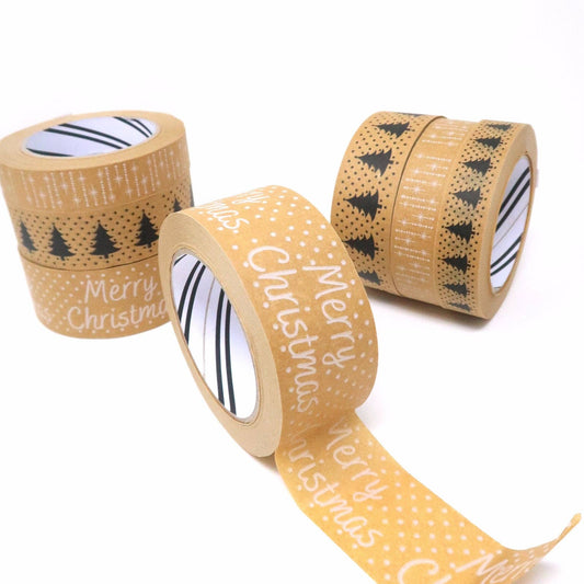 Merry Christmas 48mm. Brown Paper Tape, featuring the words Merry Christmas in white ink with snowy white dots all over the tape. Recyclable.