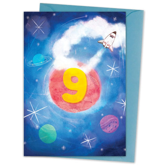 Illustrated 9th birthday card, featuring space rockets, planets and a galaxy of stars.

Greetings card blank inside, card made of FSC approved paper, Callisto Diamond White - 350gsm. Envelope made from 100% recycled paper

Greetings card size A6 when folded,

Printed in the UK

Wrapped in biodegradable sleeve.