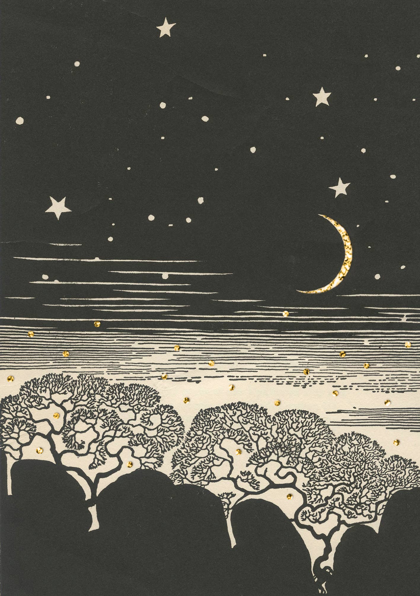 Atmospheric vintage greeting card, featuring a glorious night sky on a wintry night with twinkly gold stars