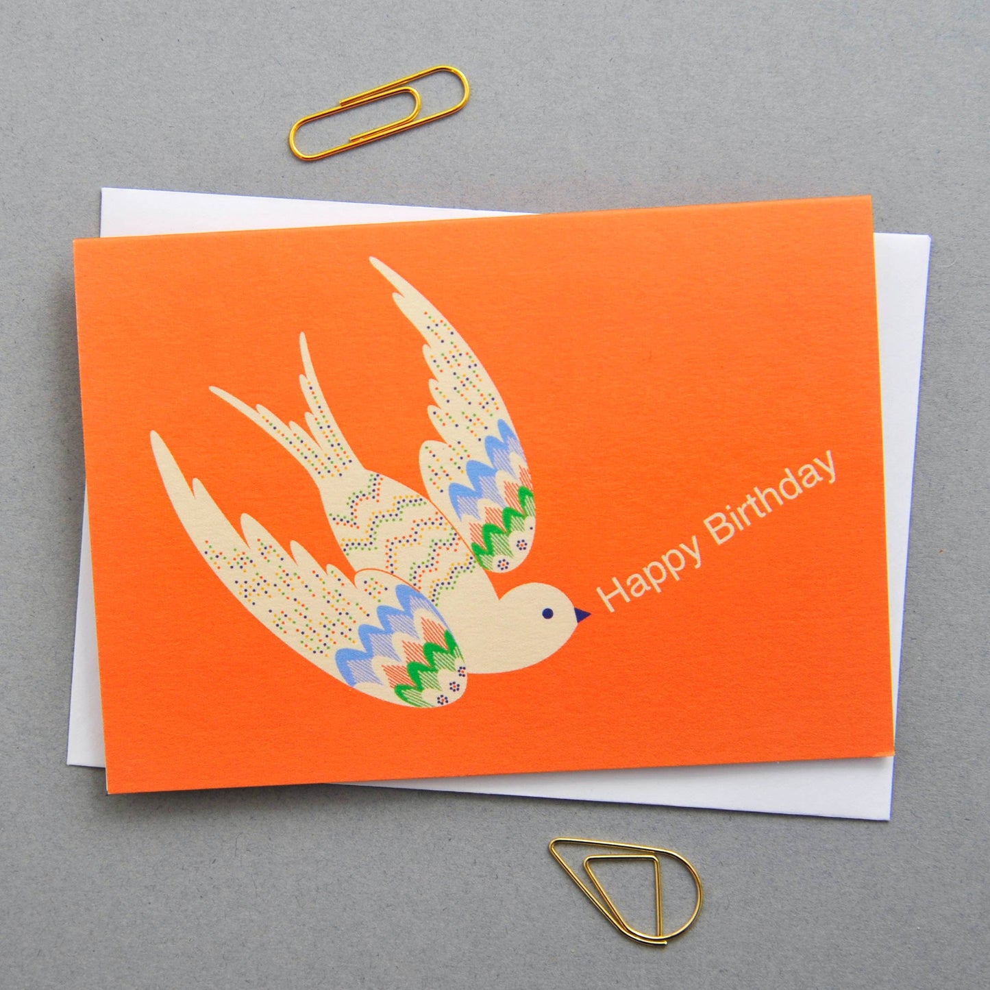 Orange Happy Birthday Bird notecard. Perfect size to attach to gifts or can be sent as a card. Pack of 8 notecards. 8 designs, 1 of each bird design in the pack of 8.