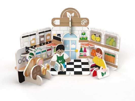 Playpress Mini Refill Café Playset is pocket-sized and wonderful for inspiring imaginative play. With this pack, you’ll be able to build a mini café and assemble a variety of accessories, including miniature food items, a coffee machine, and cash. A shop assistant and customer are also included. Made from our sustainable sourced FSC® (FSC-C004309) certified Playboard, this playset is not only environmentally friendly, but also durable and long-lasting.