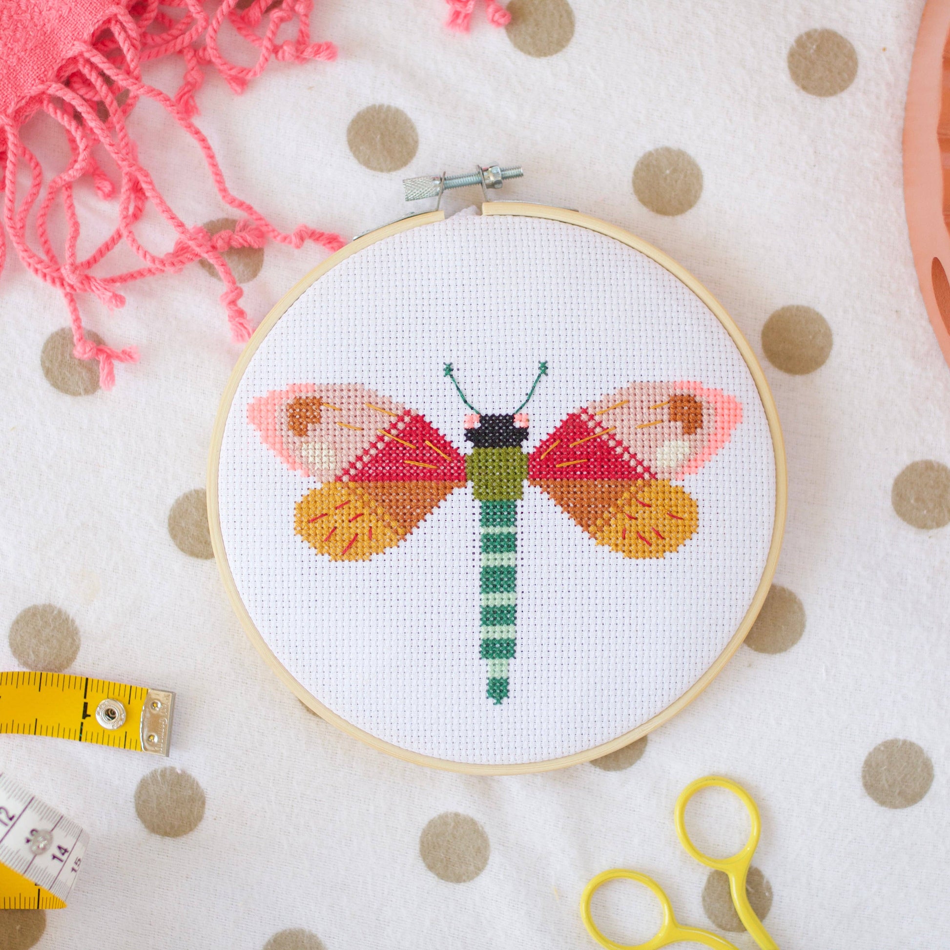 Dragonfly Brie Harrison Cross Stitch Kit. This is a cross stitch craft kit to create a beautiful colourful dragonfly against a white aida.