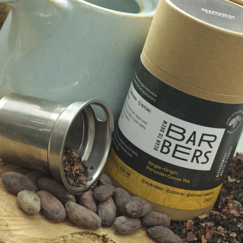 Single–Origin Peruvian Wholebean Cocoa Tea. Comes in a recyclable kraft tube cannister.