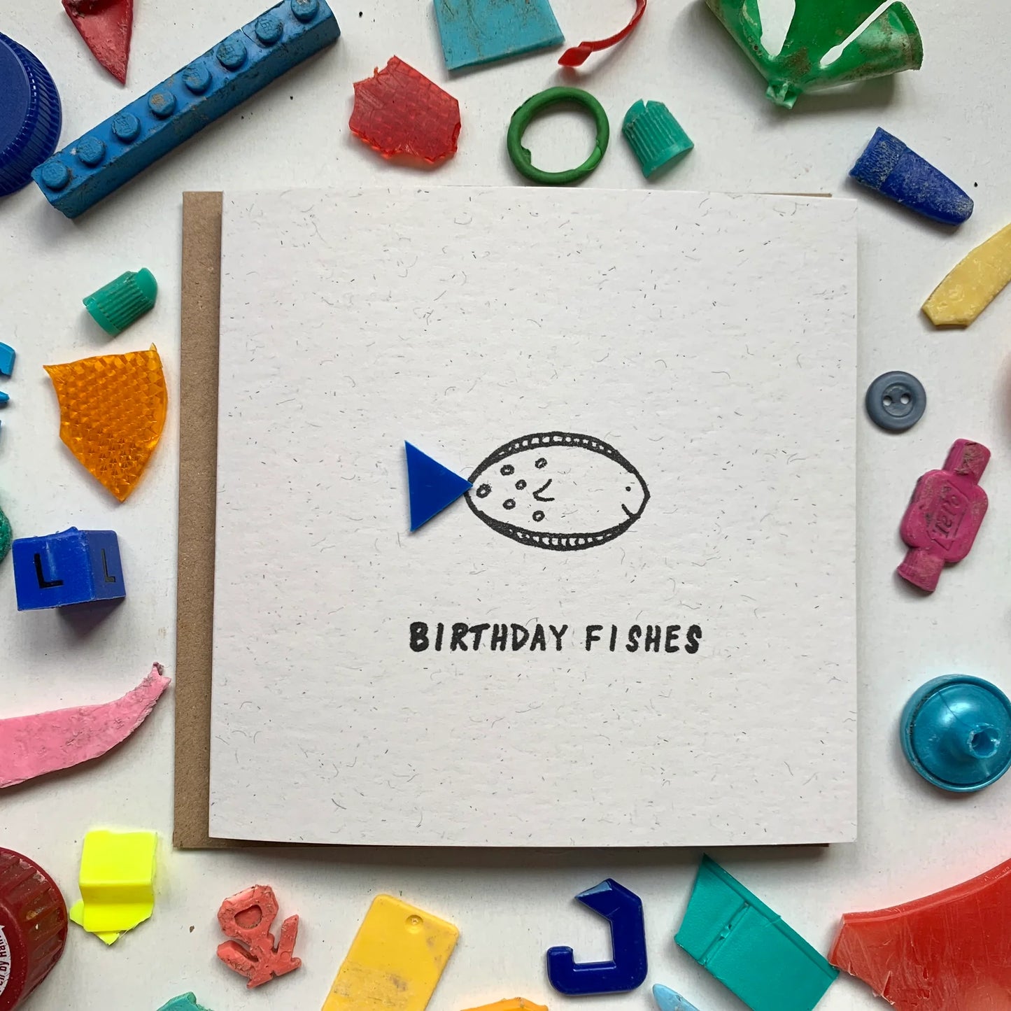 This handmade sustainably made ‘Birthday Fishes’ card is totally unique. Each card has a different bit of plastic I have beach cleaned incorporated into the design. No two cards will ever be the same. The colour of the fin, and shape will vary.