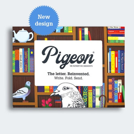 Inspired by origami, Pigeon is a beautifully crafted combination of letter and envelope. Six pre-folded letters per pack, that fold into their own envelope and are sealed with a stamp. Illustrated with brown book shelves, filled with brightly coloured books, a white teapot and a pigeon.