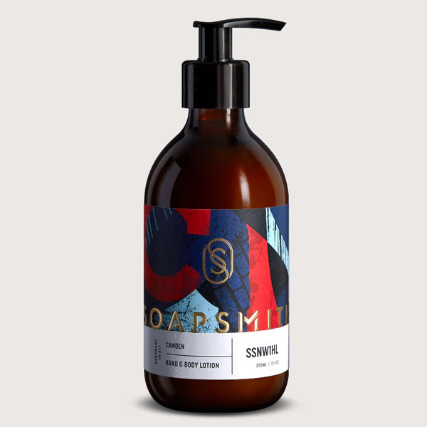 Camden Hand and Body Lotion. Soapsmith Camden Handwash. In an amber glass bottle with pump.