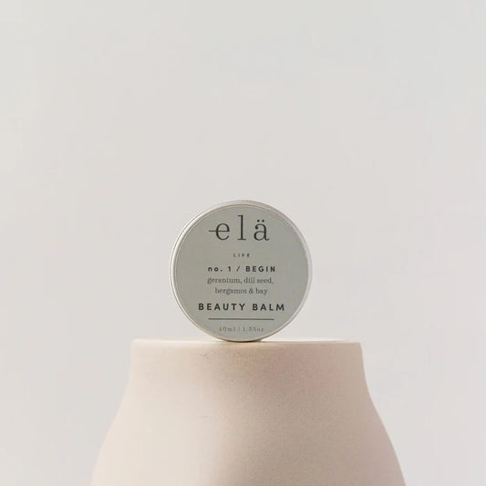 Begin No 1 Beauty Balm by Ela Life. Natural ingredients contained in a recyclable silver tin. Small enough to carry in a bag.