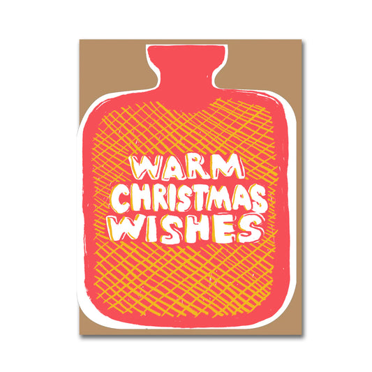 Cosy red water bottle shaped card illustrated by Egg Press. \With the words Warm Christmas Wishes.