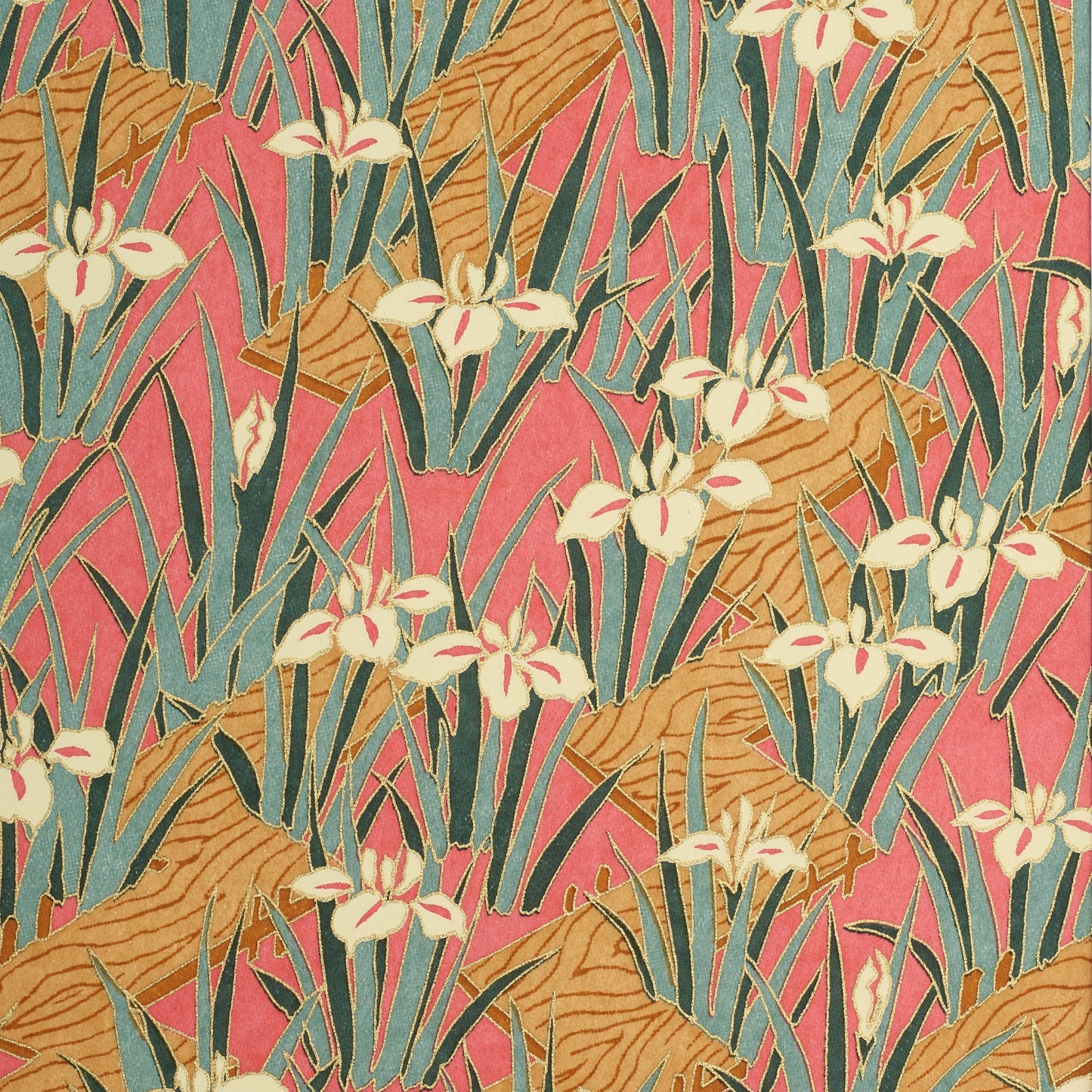 Water Iris / Pink – A beautiful floral display of white and pink water iris with contrasting veridian and cobalt green foliage layered over a statement backdrop of carmine pink. Each of our designs are selected from an archive of designs in Kyoto Japan, where we work with family-run silk screen print studios to produce our covering papers. This paper features a gold accent screen, that gives it that truly opulent finish.