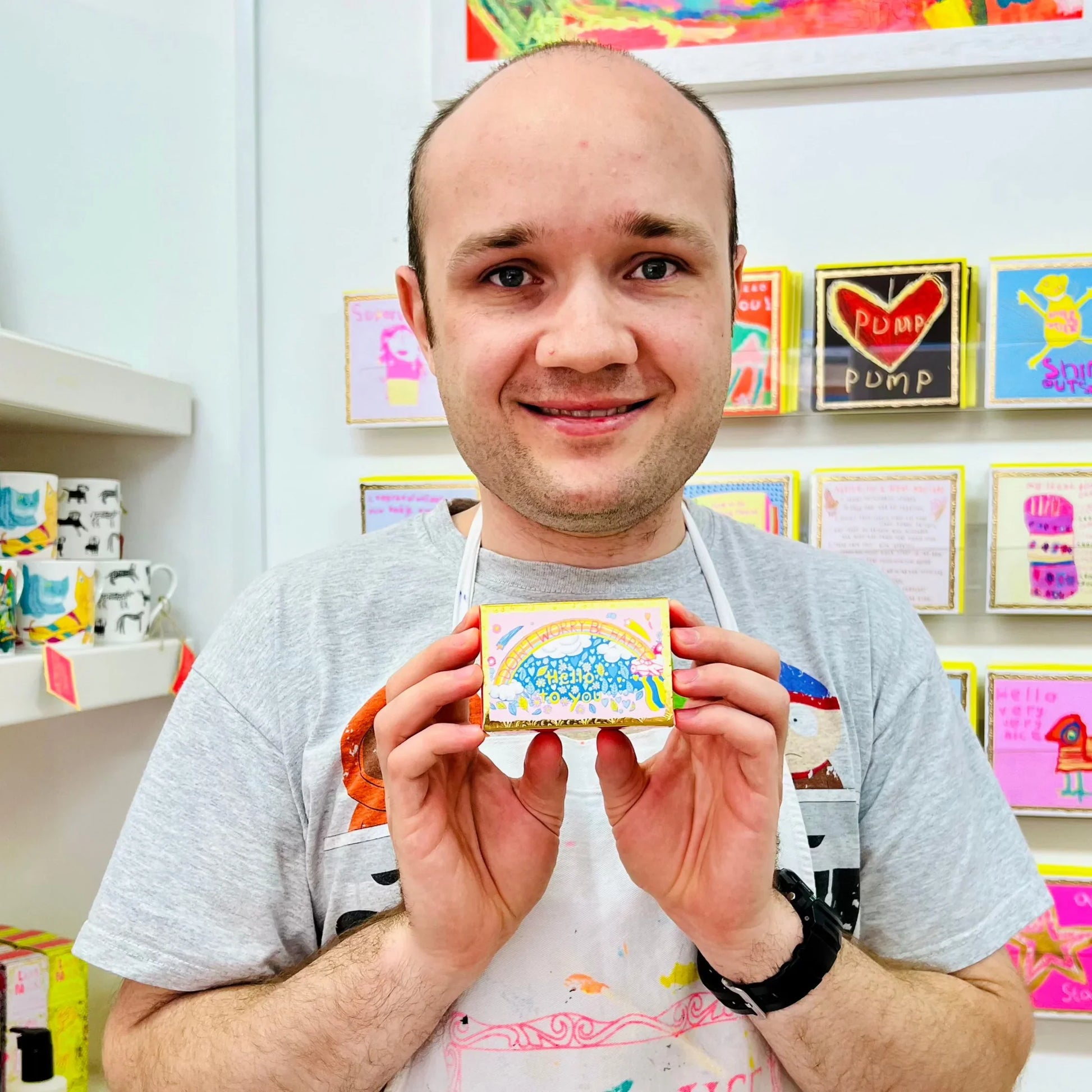 This opulent plant based cold pressed soap, is gently fragranced with Bergamot, Jasmine, Ylang and Musk. Featuring Jack Churchyard's 'Be Happy' artwork, the 100g paraben-free soap is triple milled for a longer-lasting luxurious lather. Made in the UK, this vegan friendly soap is produced with carefully sourced ingredients that are both sustainable &amp; kind to the environment. An ideal gift for art lovers and good-cause supporters everywhere!