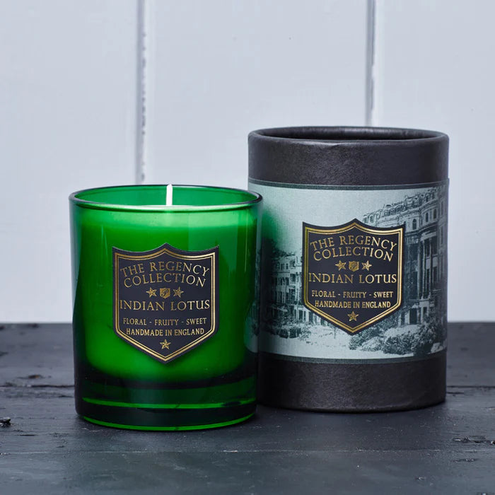 Indian Lotus Scented Candle - Parkminster Regency Collection. Comes in a green glass vessel and presented in a smart tubular black cardboard container