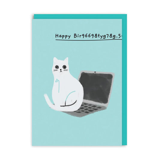 Happy Bir9669.. Laptop Cat Birthday Card.  Blue card, depicting a white cat sitting on the keyboard of a laptop with the words Happy Bir966968tyg78.g.5 across the top of the card.