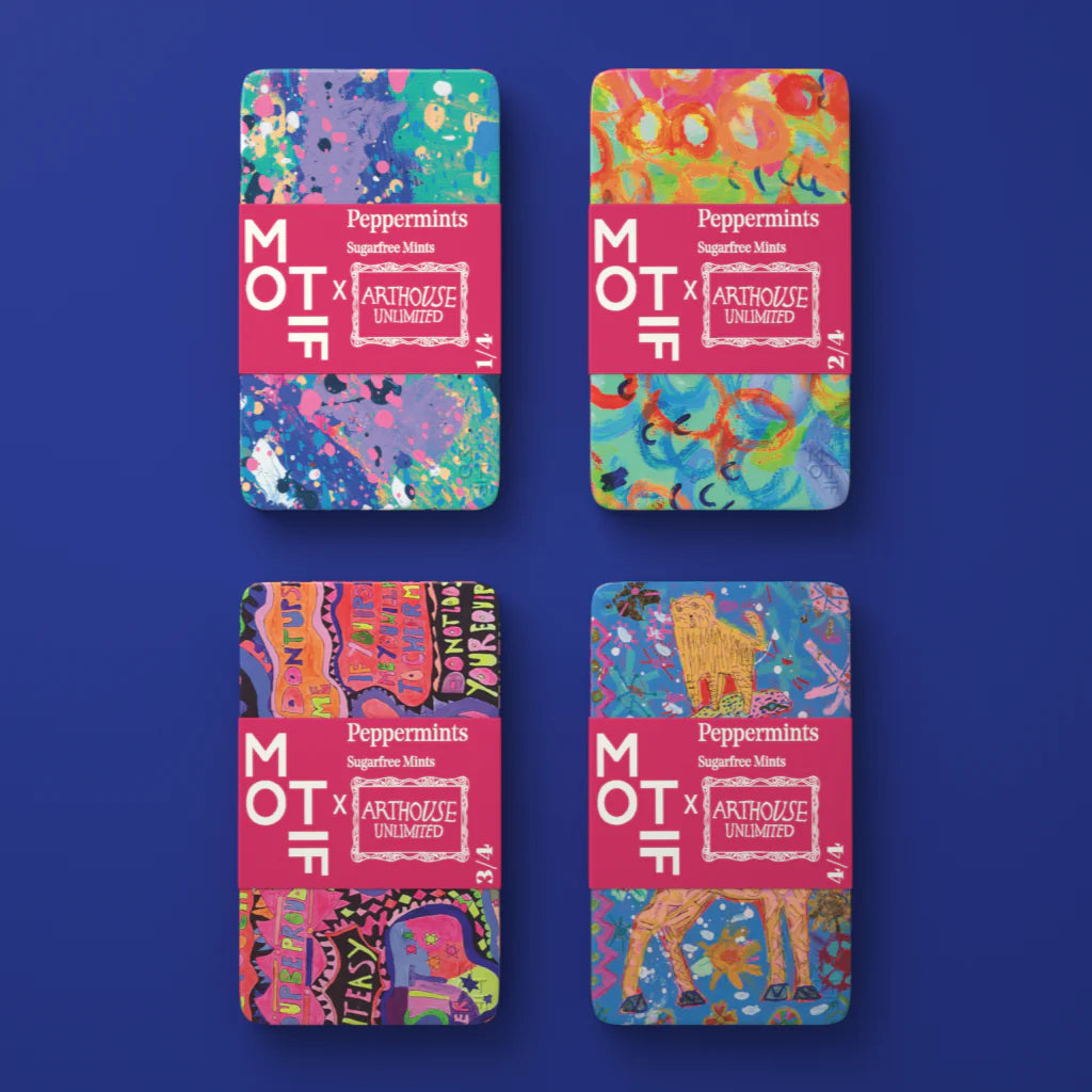 These special limited-edition ARTHOUSE Unlimited and Motif mint tins are unique, collectible and designed for on the go. Each tin houses premium, vegan friendly peppermints, free from sugar and aspartame. All tins are in bright and vibrant colours.