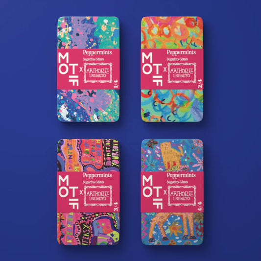 These special limited-edition ARTHOUSE Unlimited and Motif mint tins are unique, collectible and designed for on the go. Each tin houses premium, vegan friendly peppermints, free from sugar and aspartame. All tins are in bright and vibrant colours.