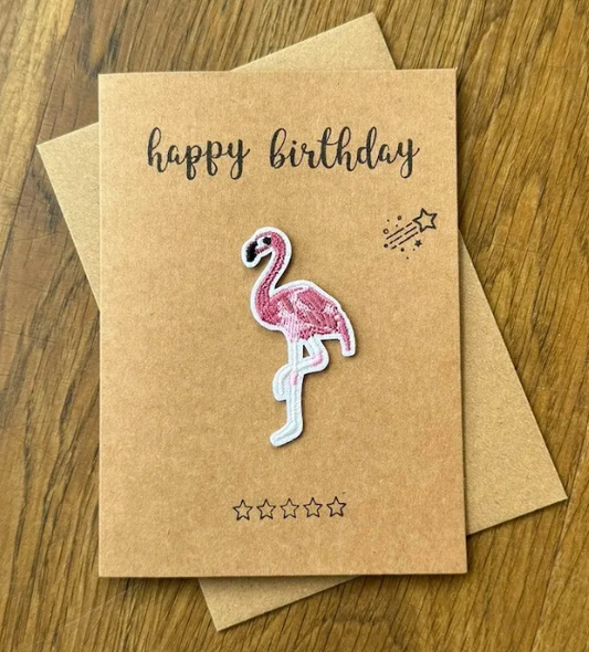 oin in on the birthday fun with this handmade kraft card and a fabulous pink flamingo iron on patch - perfect for a youngster's special day!

The iron on patch can be peeled off and ironed onto most fabrics such cotton and denim.