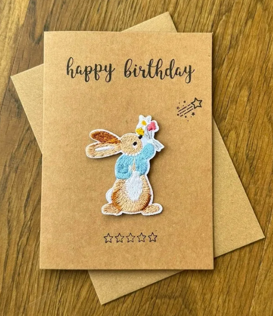 Bunny with Flowers Iron on Patch - Happy Birthday Greeting Card