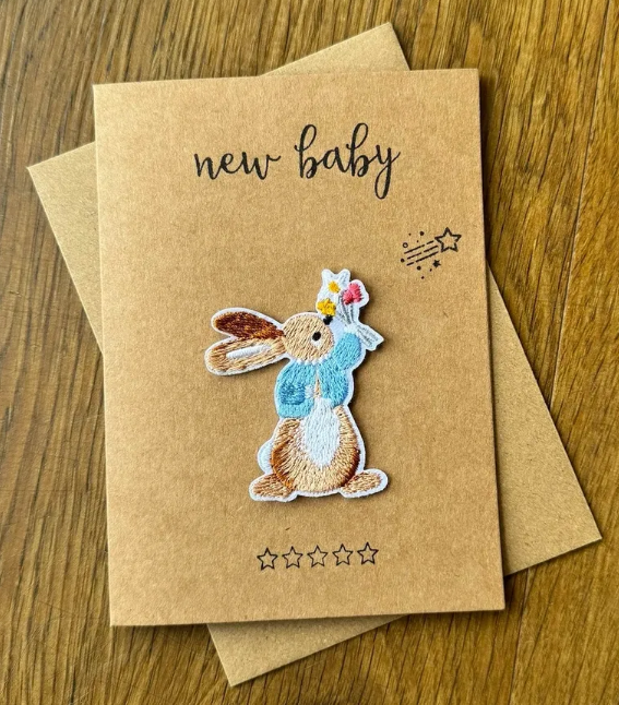 Bunny with Flowers Iron on Patch - New Baby Greeting Card