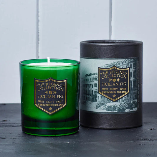 Sicilian Fig Scented Candle - Parkminster Regency Collection, In a green glass vessel and comes in a smart tubular black box.