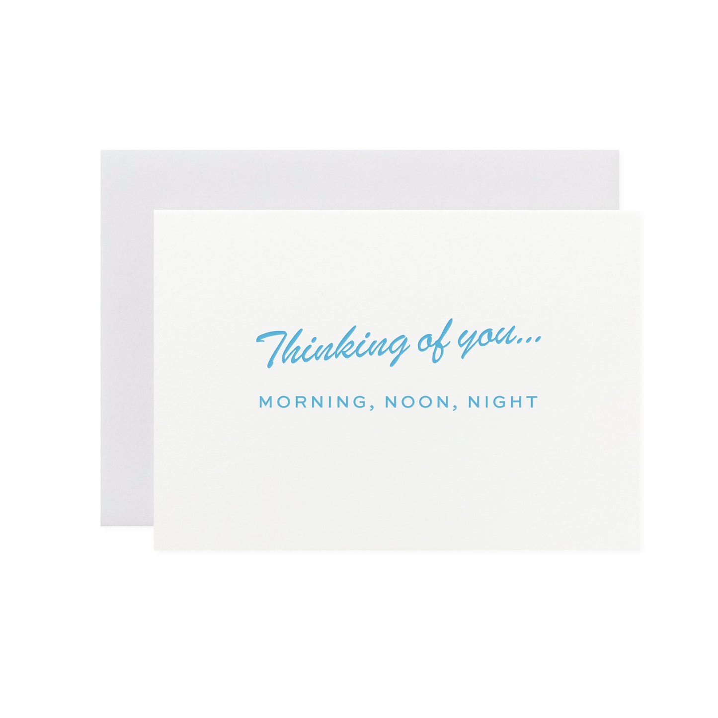 Mini white card. With the words Thinking of you...MORNING, NOON, NIGHT in blue letters. Hot foil pressed by hand in Another Loop's small studio with card stock made from recycled coffee cups, this extra special greetings card will help you stay connected in a sustainable way.