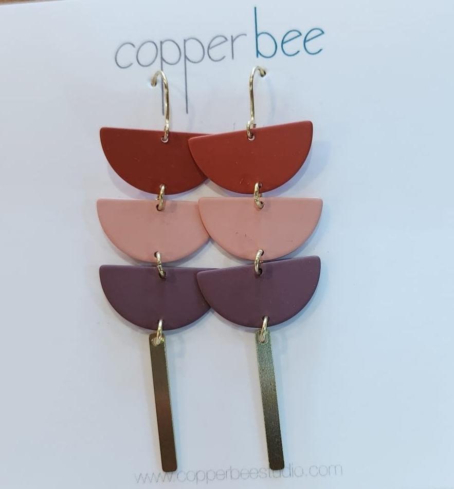 Copper Bee Triple Semi Circle Statement Drop Earrings Handmade in the UK
Pinks and coral colour