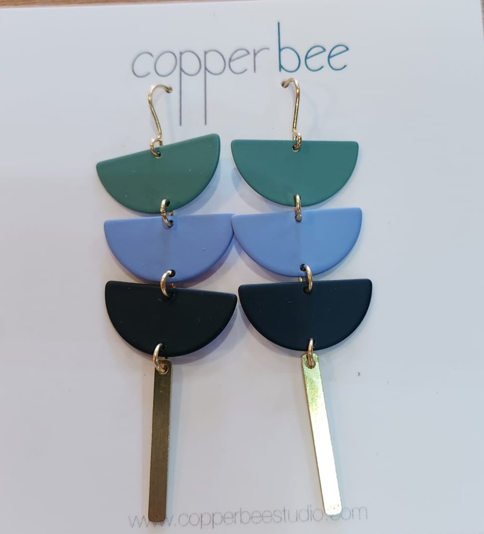 Copper Bee Triple Semi Circle Statement Drop Earrings Handmade in the UK
Blues and greens