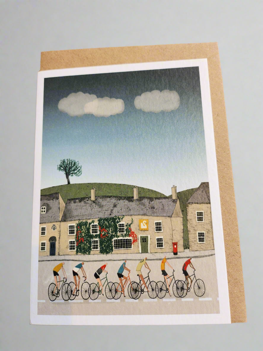 Beautiful illustrated card of a group cyclists, on a cycle through a pretty village.