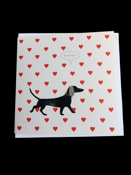 The perfect Valentine card for the dachshund fan in your life. The card includes a cut out of a dachshund, complete with a fancy glitter collar and ear.