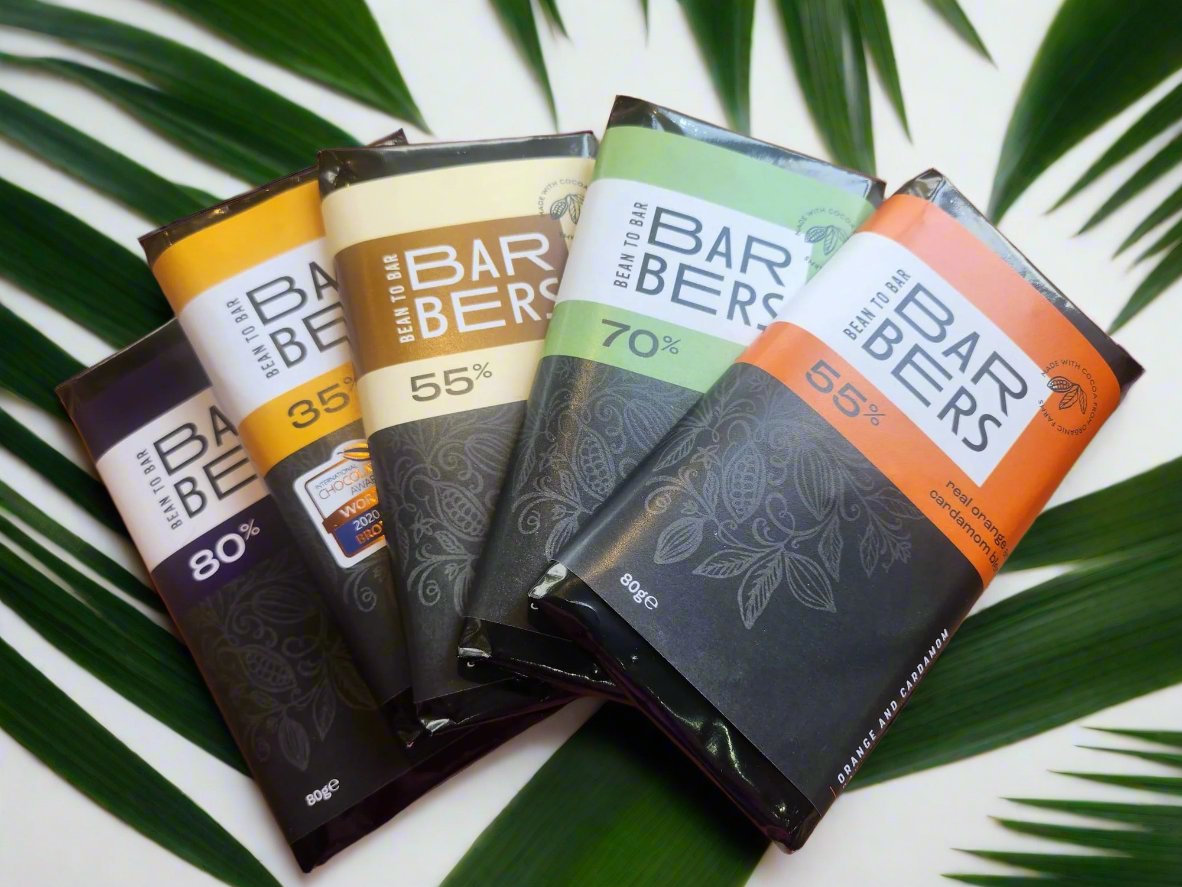 Barbers Cocoa Chocolate bars in an array of flavours.