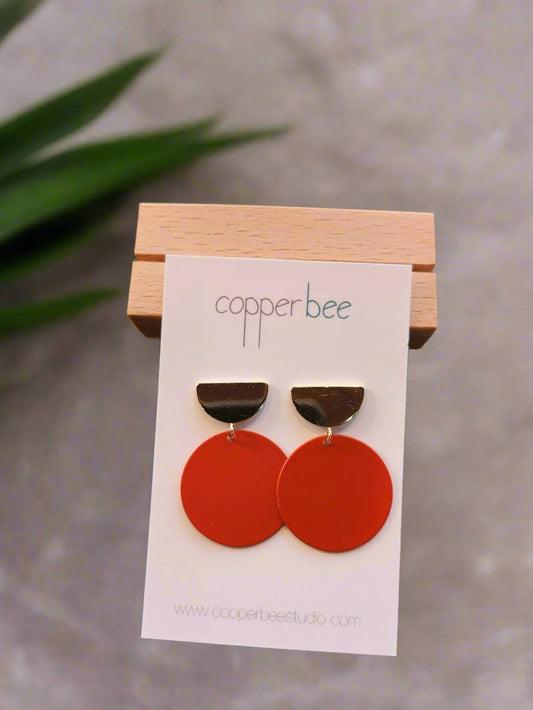 Colour + Brass | Semi Circle Stud and Rust Orange Disc Earrings 