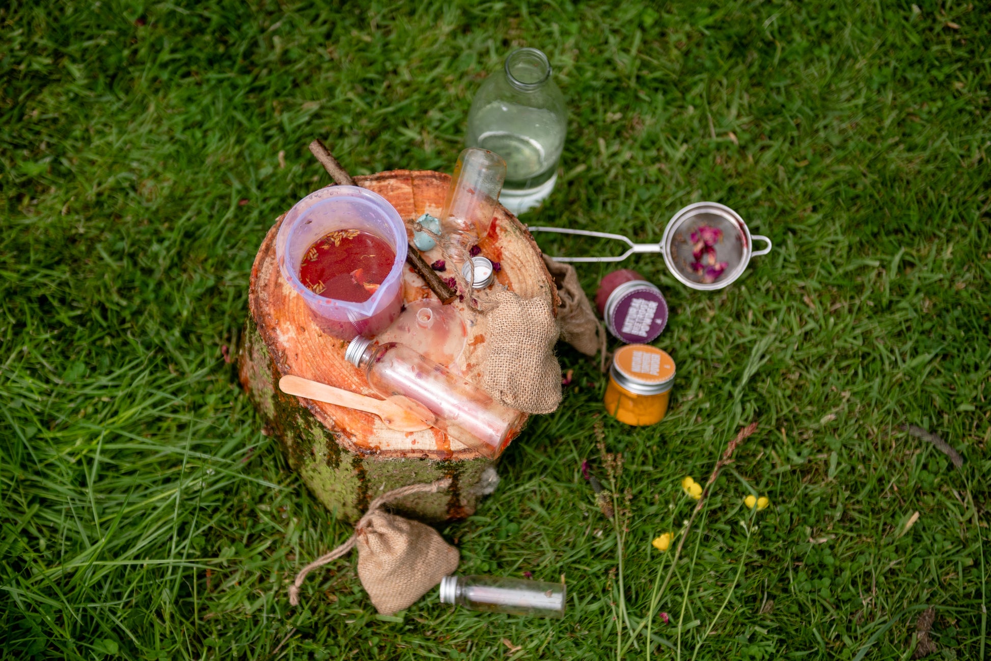 Shows the potion making kit spread out and used. On a tree stump in a field.