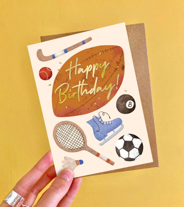 Sports themed birthday greeting card with luxurious gold foiling and a colourful illustration.